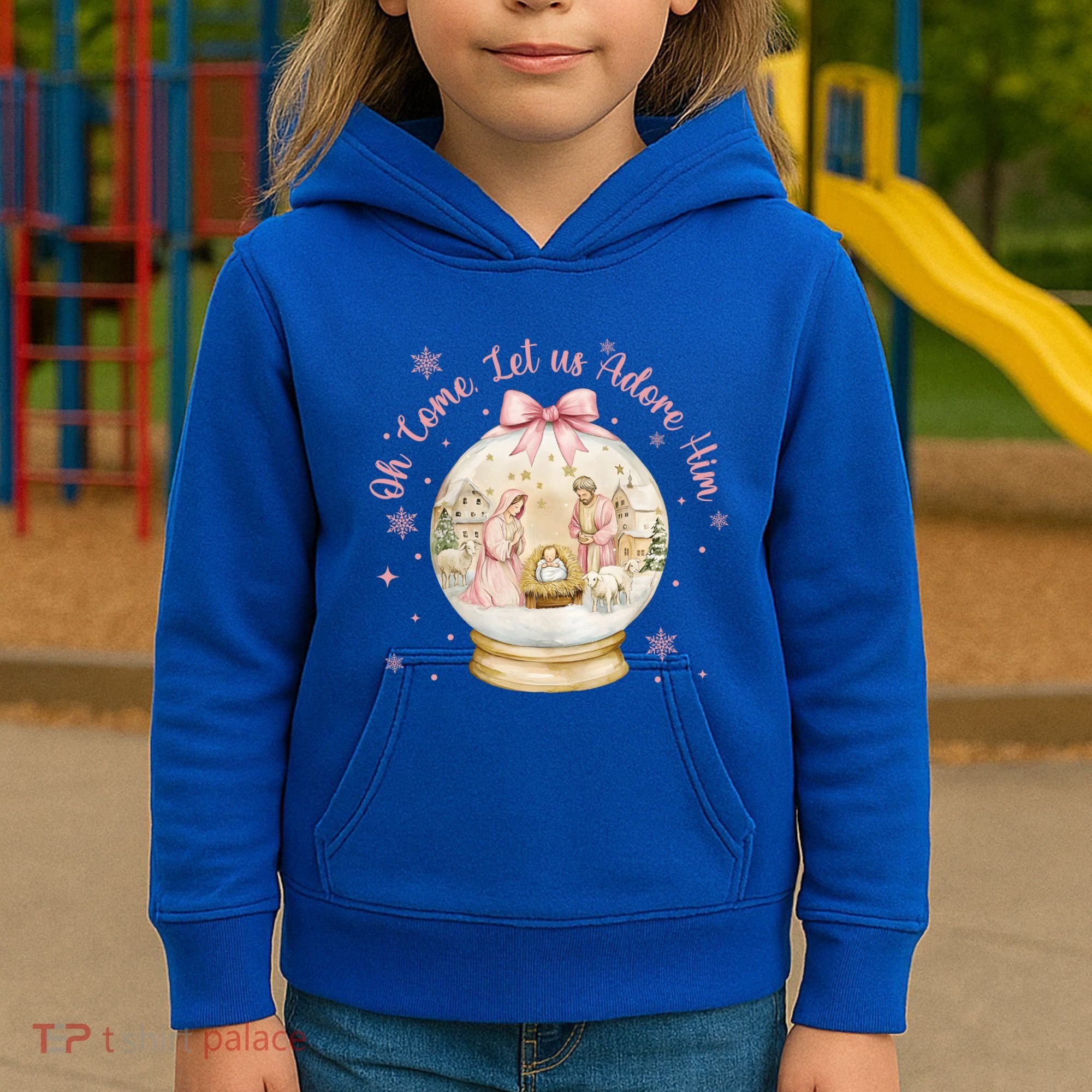 Oh Come Let Us Adore Him Jesus Nativity Scene Coquette Bow Gift Kids Hoodie