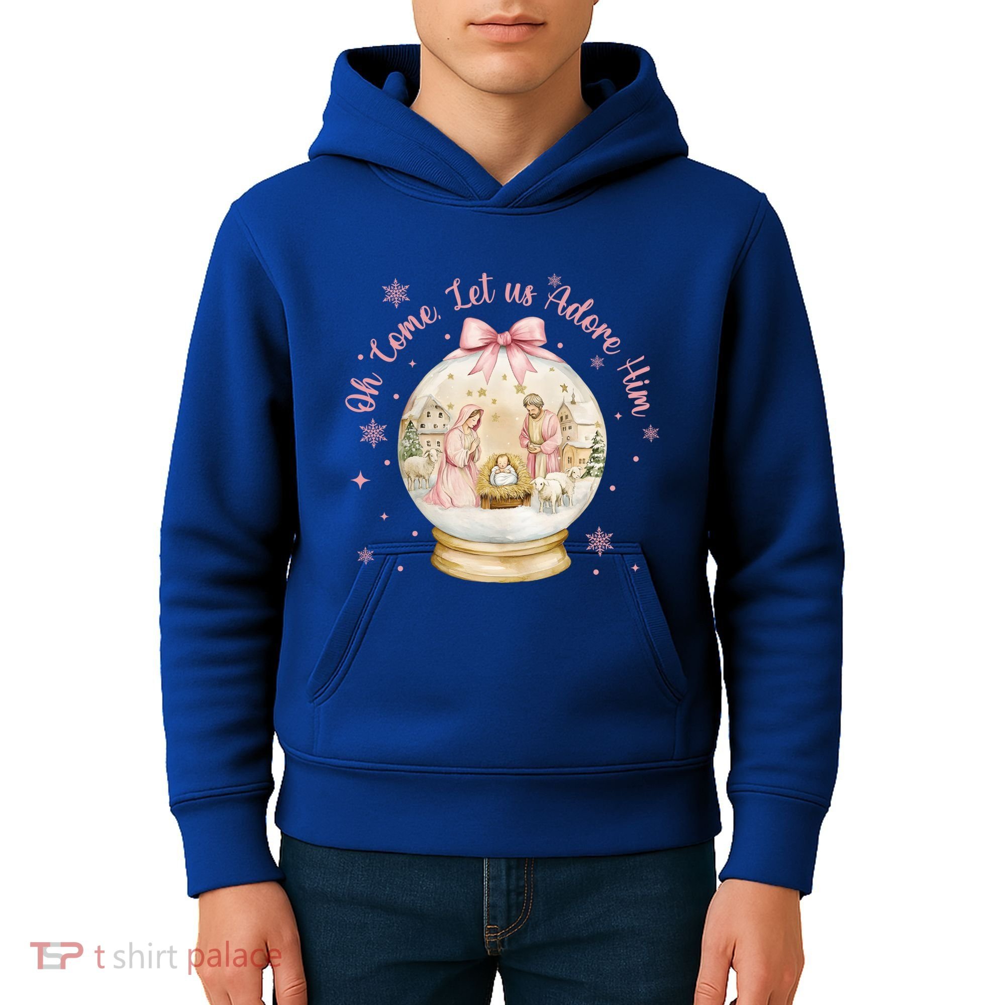 Oh Come Let Us Adore Him Jesus Nativity Scene Coquette Bow Gift Kids Hoodie