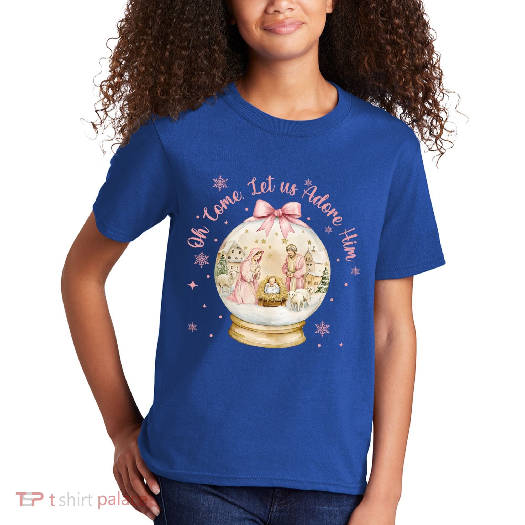 Oh Come Let Us Adore Him Jesus Nativity Scene Coquette Bow Gift Kids T-Shirt