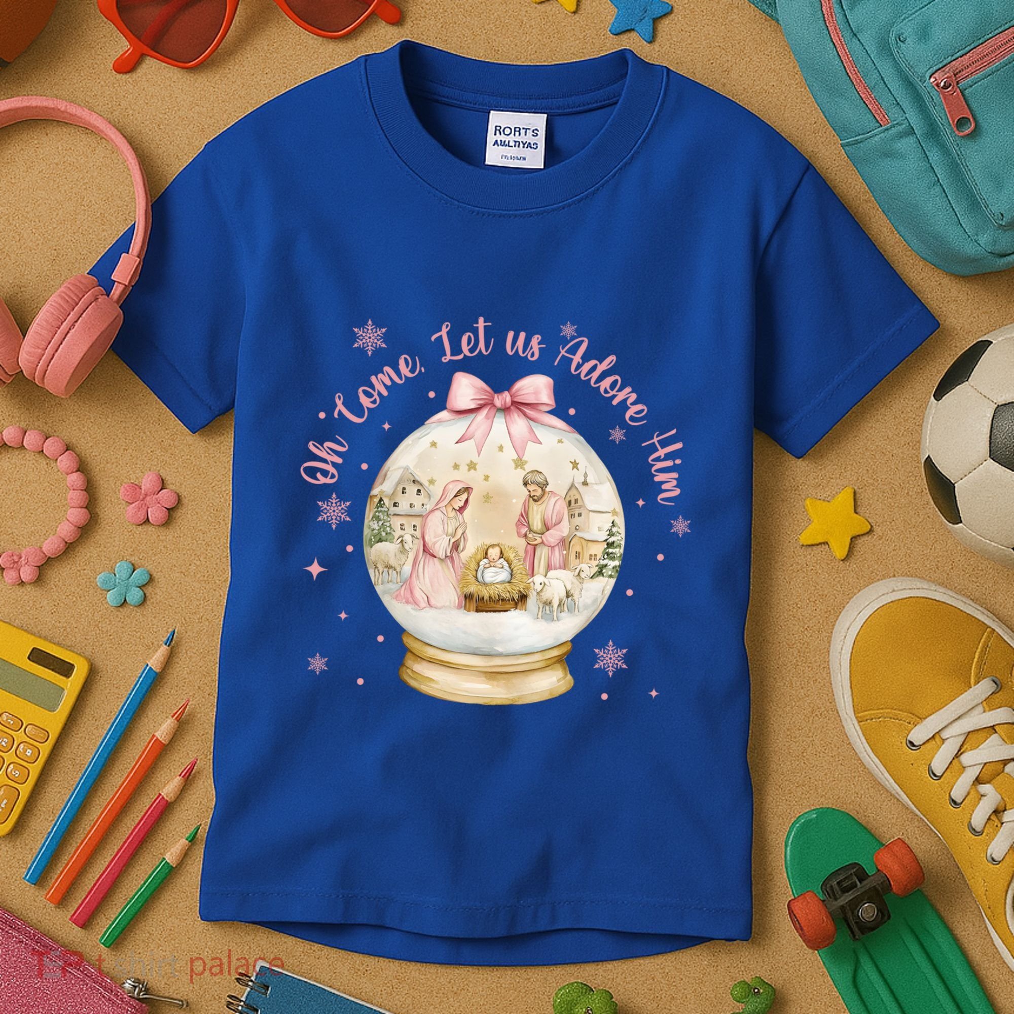 Oh Come Let Us Adore Him Jesus Nativity Scene Coquette Bow Gift Kids T-Shirt