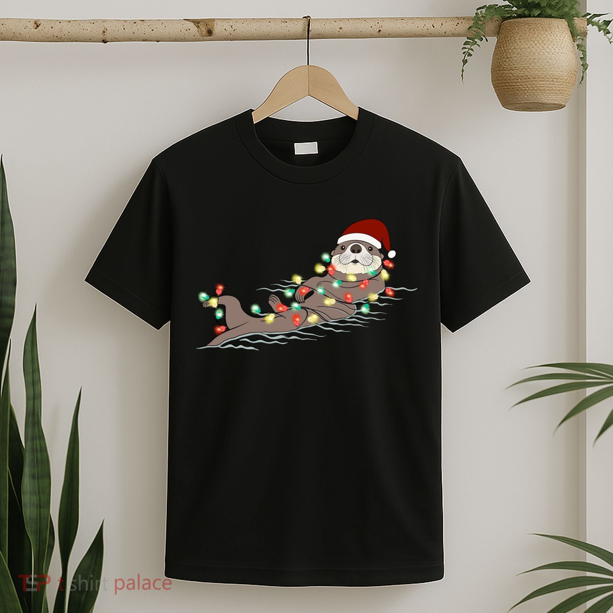 Otter Christmas Lights Santa Hat Funny Cute Cool Family Matching Trendy Top T-Shirt