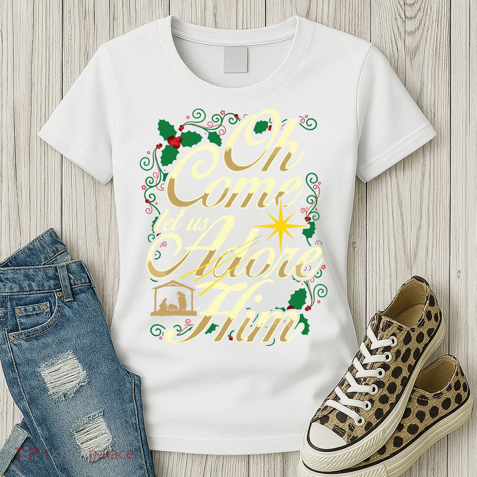 Oh Come Let Us Adore Him Nativity Christmas Religious Jesus Women's T-Shirt