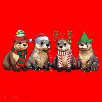 Otters Christmas Lights Santa Hat thumb 1