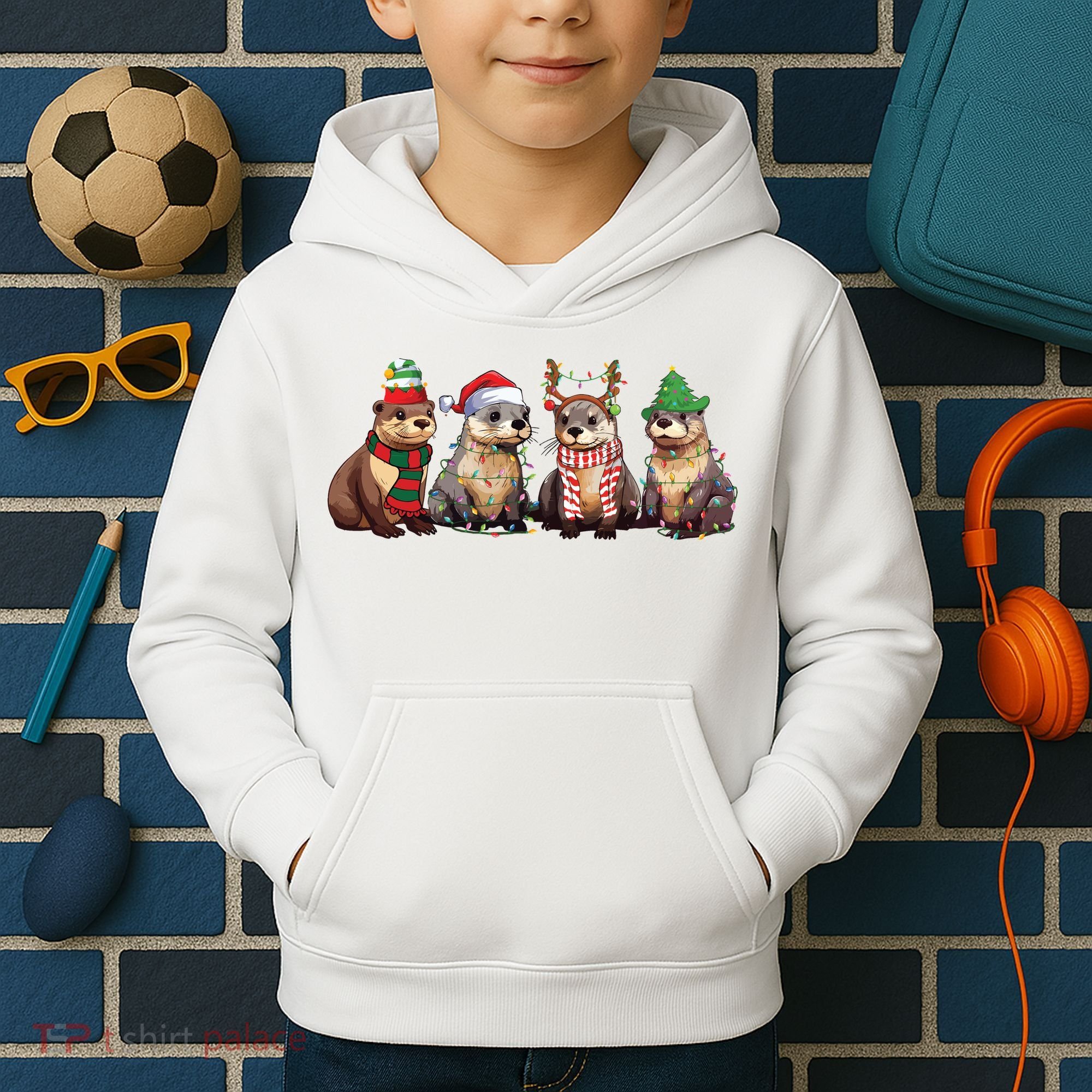 Otters Christmas Lights Kids Hoodie