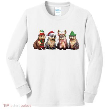Otters Christmas Lights Kids Long Sleeve Shirt