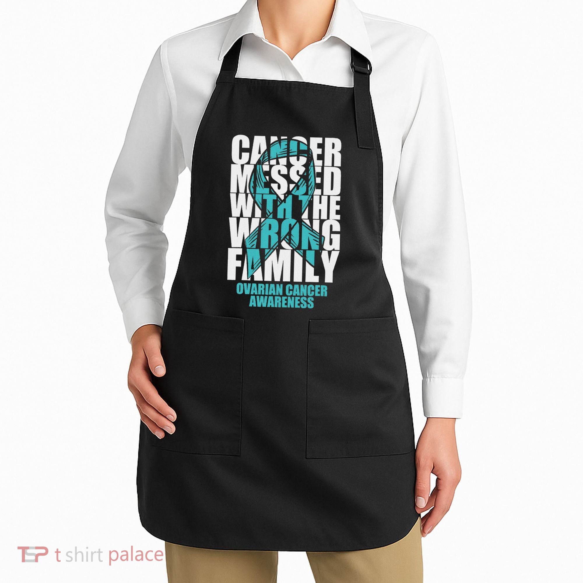 Ovarian Cancer Messed With The Wrong Family Teal Ribbon Gift Apron