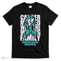Ovarian Cancer Messed With The Wrong Family Teal Ribbon Gift T-Shirt thumb 0