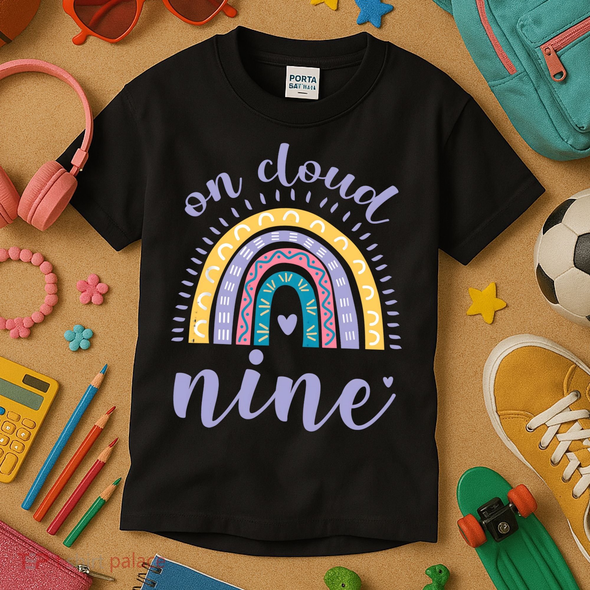On Cloud Nine 9th Birthday 9 Years Old Rainbow Kids T-Shirt