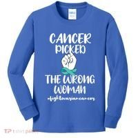 Ovarian Cancer Picked The Wrong Cancer Warrior Gift Kids Long Sleeve Shirt thumb 0