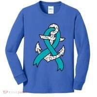 Ovarian Cancer Teal Ribbon Awareness Refuse To Sink Anchor Gift Kids Long Sleeve Shirt thumb 0