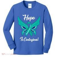 Ovarian Cancer Teal Ribbon Awareness Hope Butterfly Gift Kids Long Sleeve Shirt thumb 0