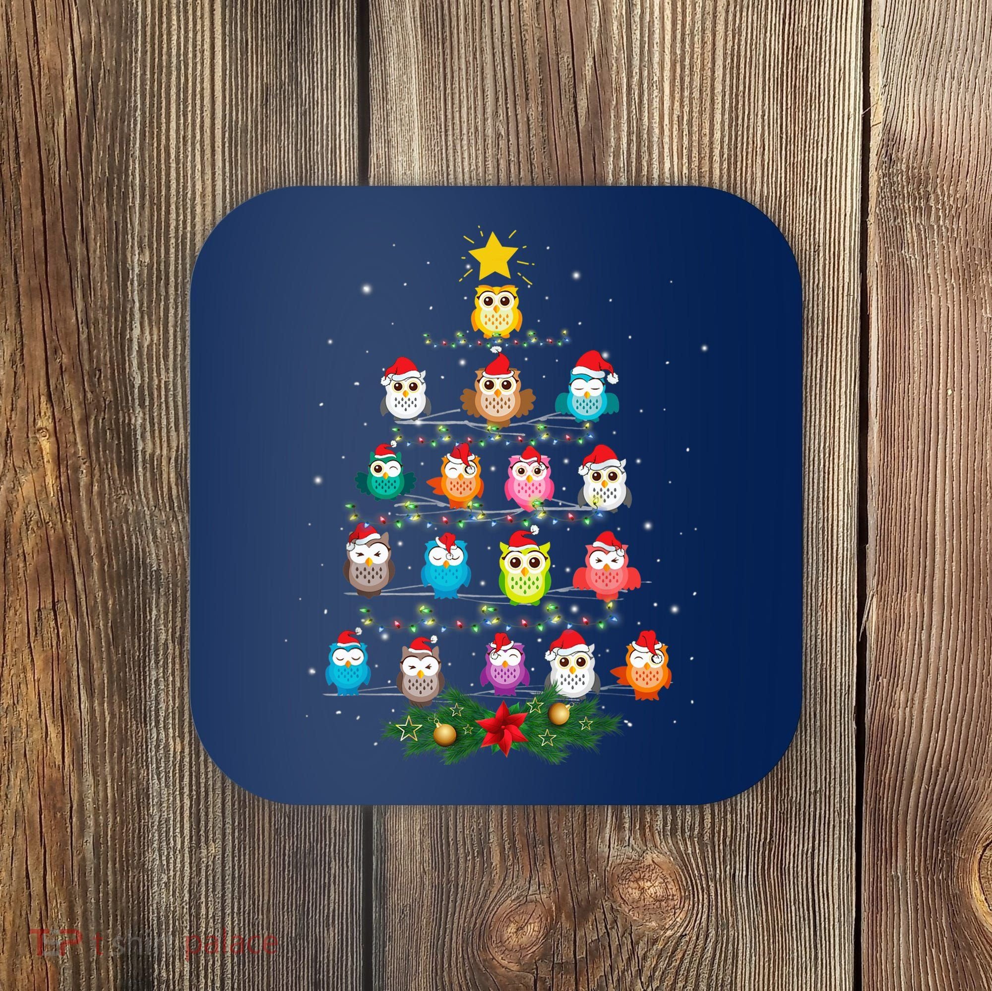 Owl Christmas Tree Lights Xmas Pajama Gifts For Owl Lovers Coaster