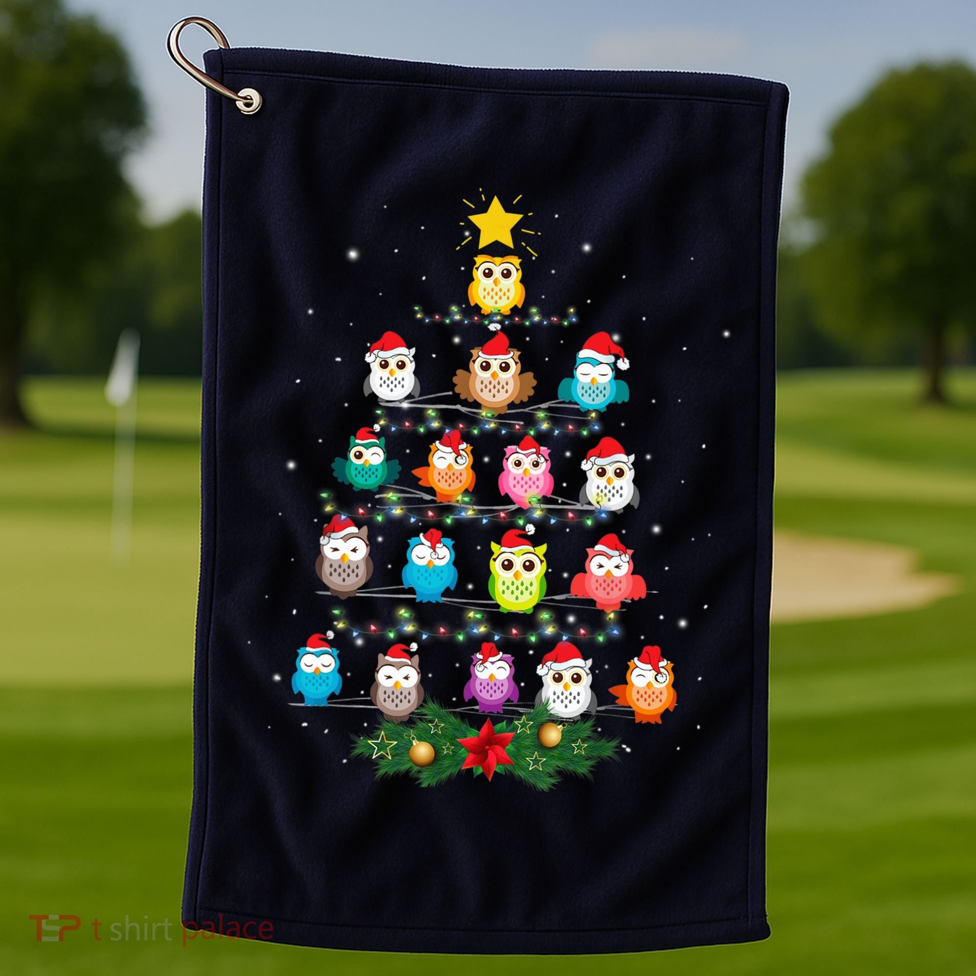 Owl Christmas Tree Lights Xmas Pajama Gifts For Owl Lovers Golf Towel