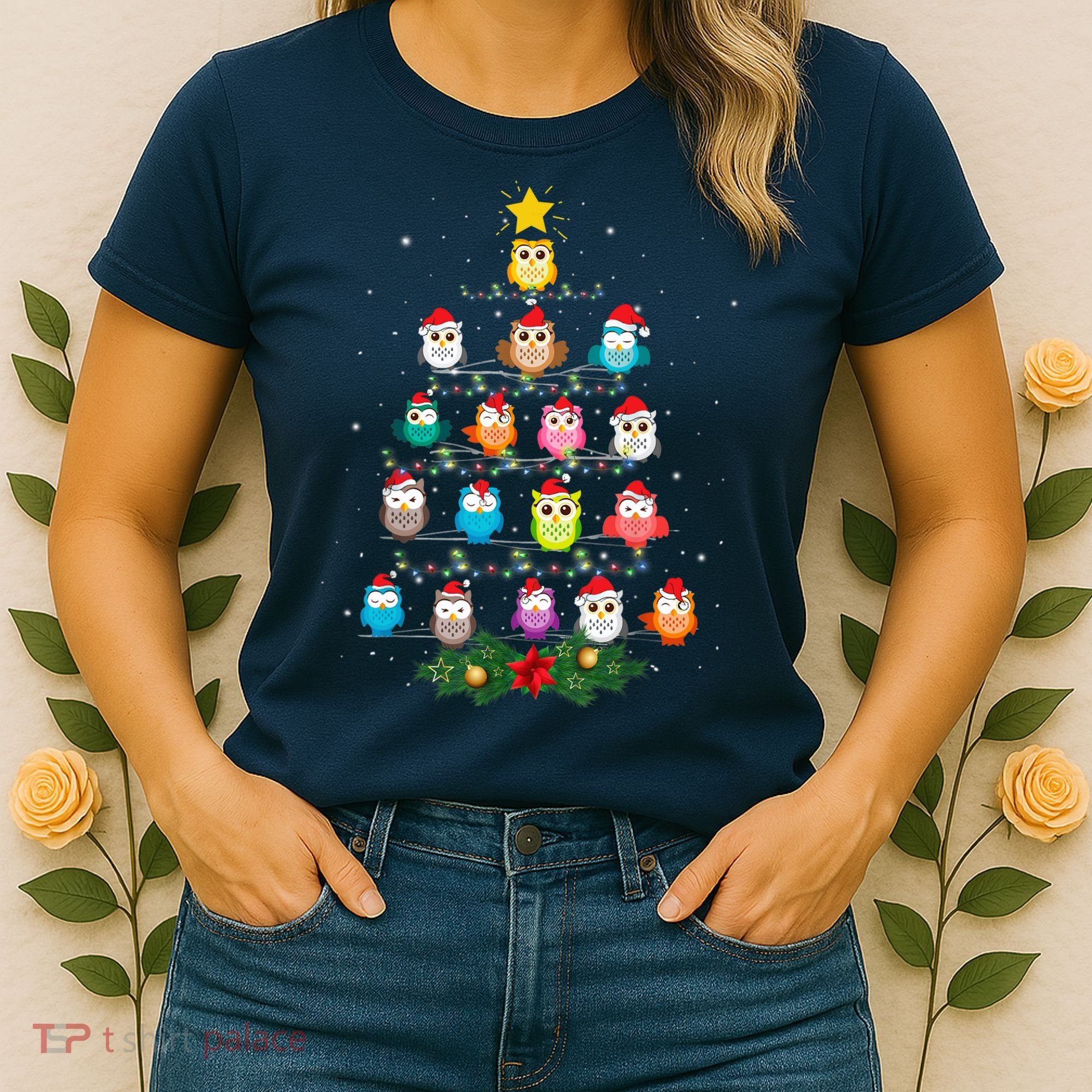 Owl Christmas Tree Lights Xmas Pajama Gifts For Owl Lovers Women's T-Shirt