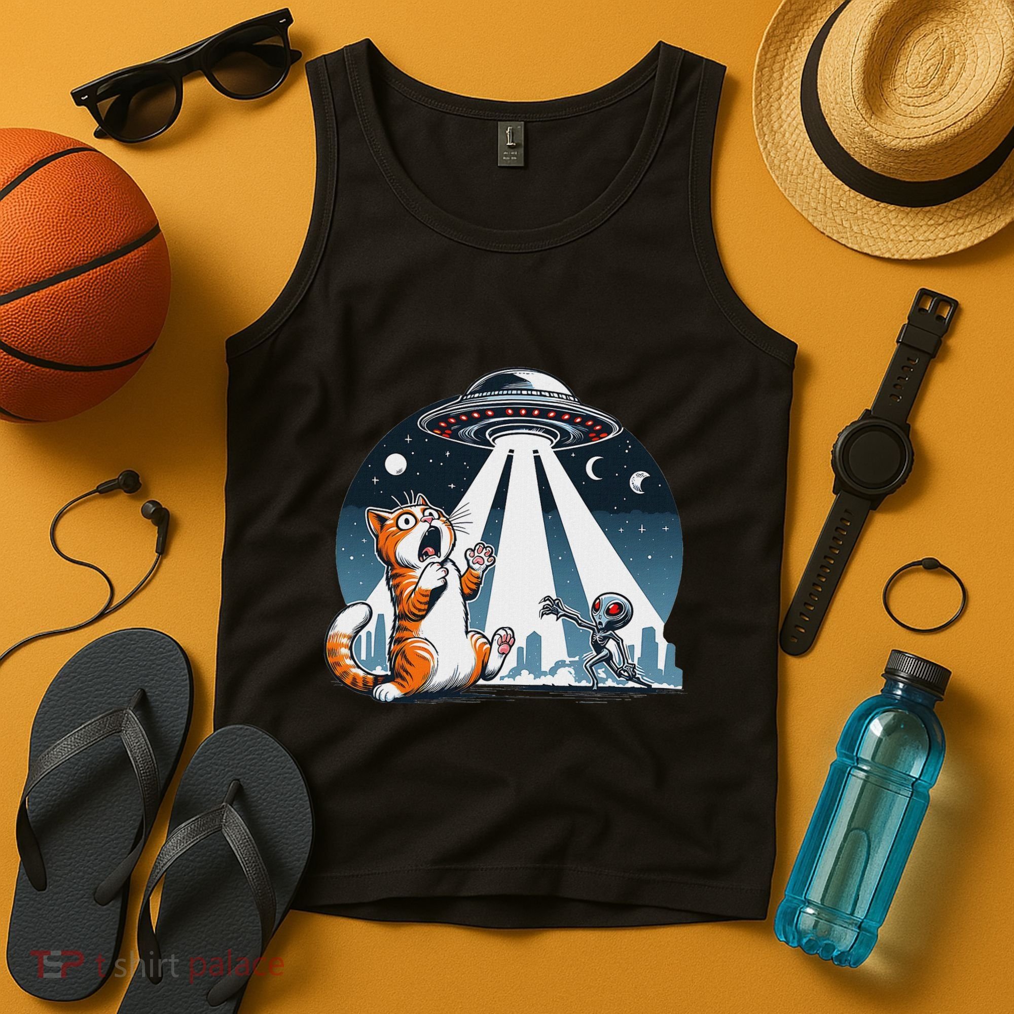 Orange Cat Ufo Tank Top