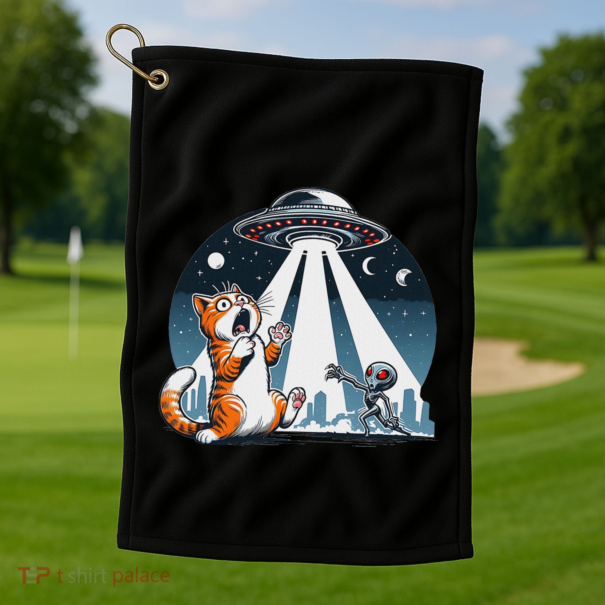 Orange Cat Ufo Golf Towel