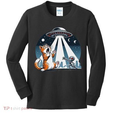 Orange Cat Ufo Kids Long Sleeve Shirt