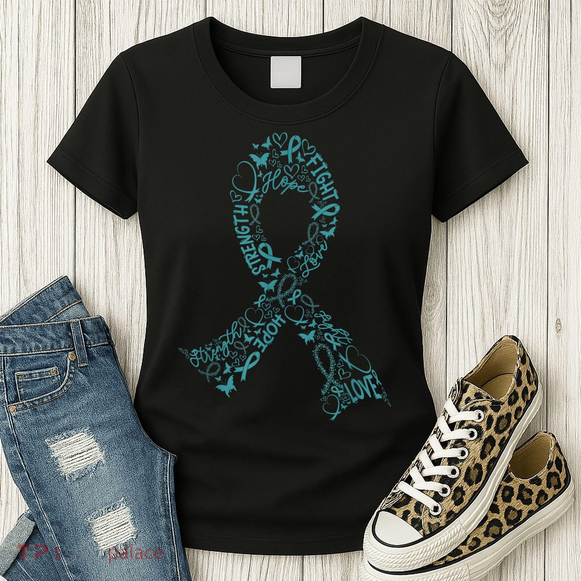 Ovarian Cancer Warrior Teal Ribbon Awareness Gift Women's T-Shirt
