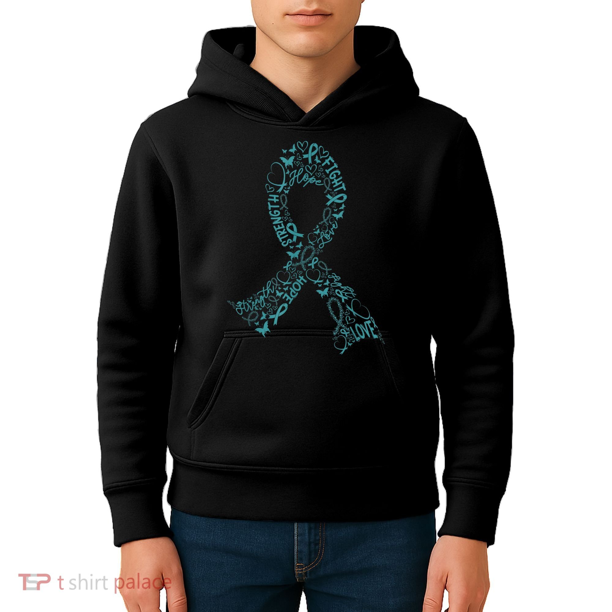 Ovarian Cancer Warrior Teal Ribbon Awareness Gift Kids Hoodie
