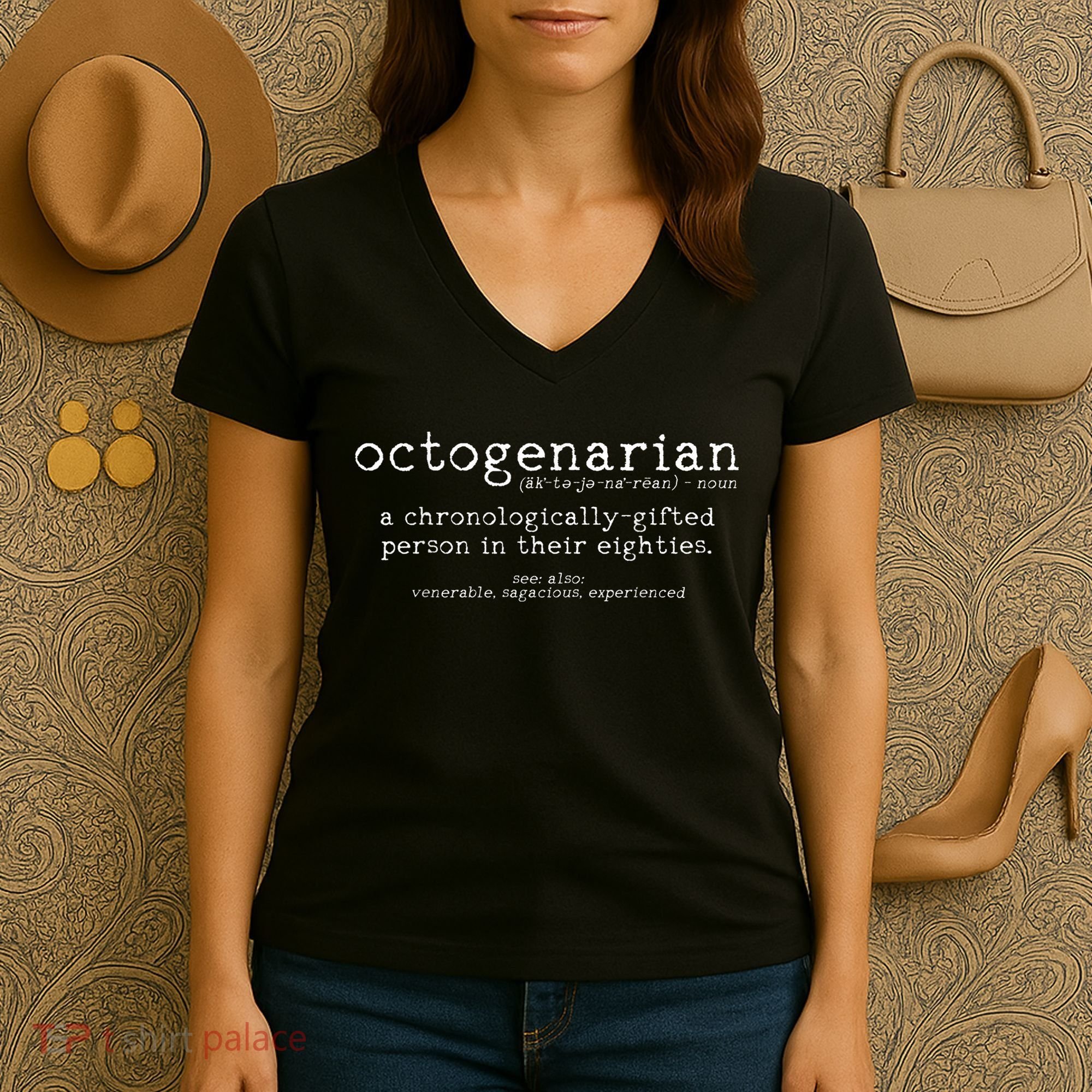Octogenarian Definition 80 Years Old 80th Birthday Gift Women's V-Neck T-Shirt