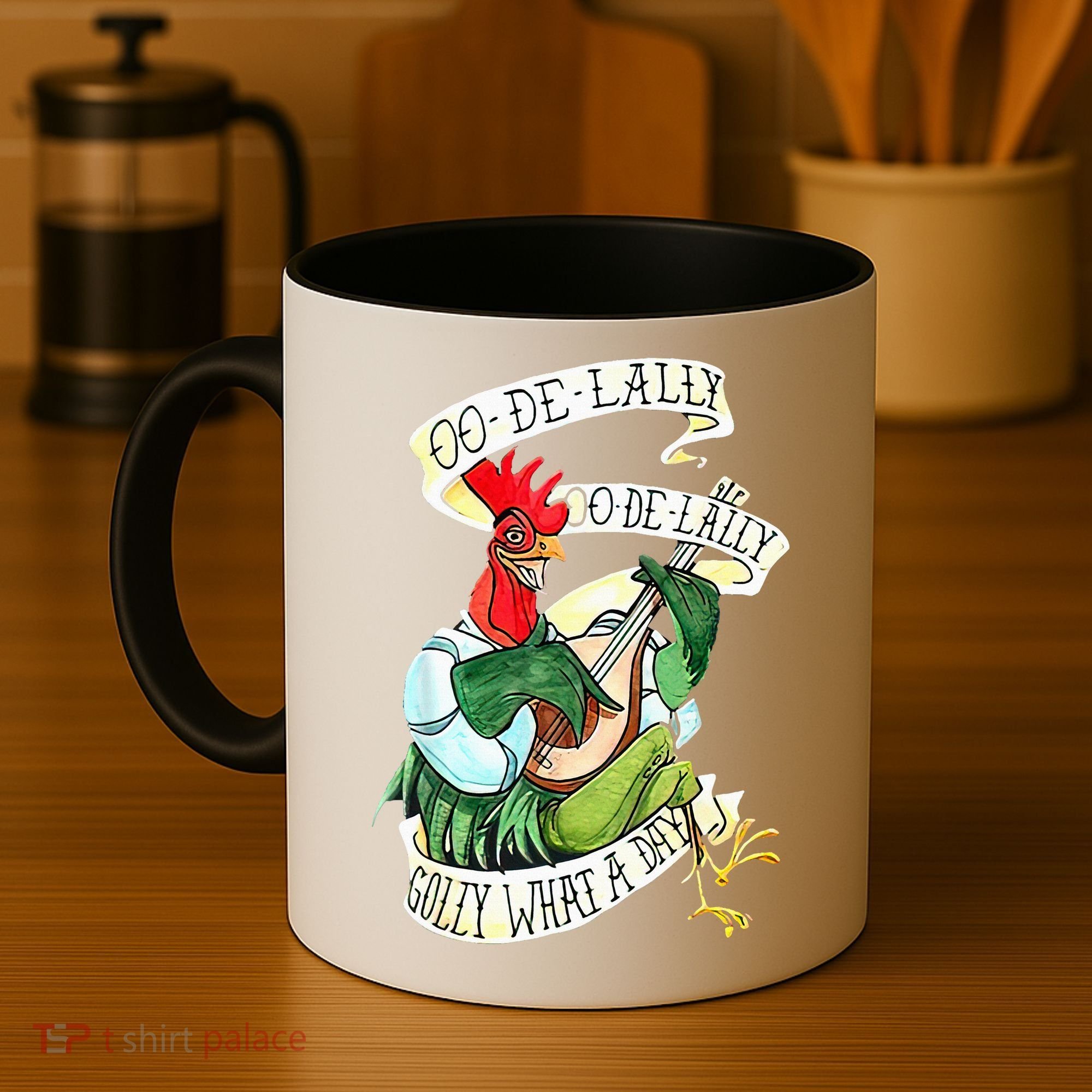 OO DE LALLY GOLLY What A Day Rooster Playing  Coffee Mug