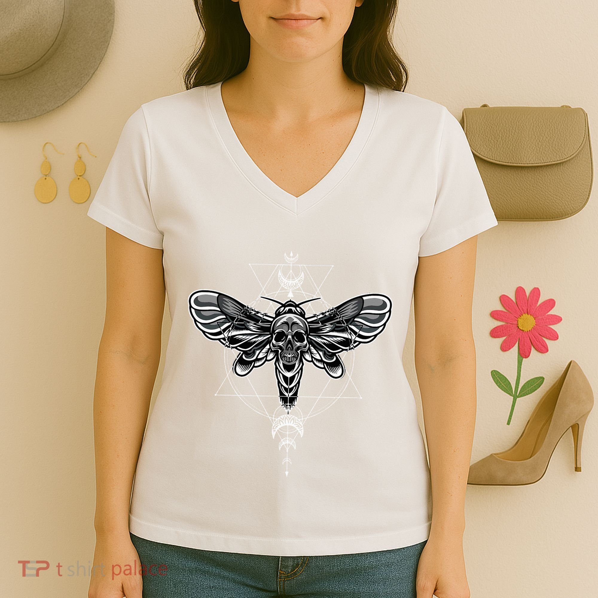Occult Death Moth Mystic Death Moth And Sacred Geometry Women's V-Neck T-Shirt