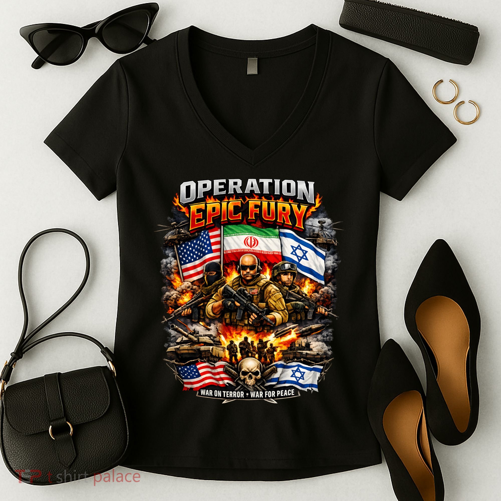 Operation Epic Fury America Iran Israel Fight For Peace Women's V-Neck T-Shirt