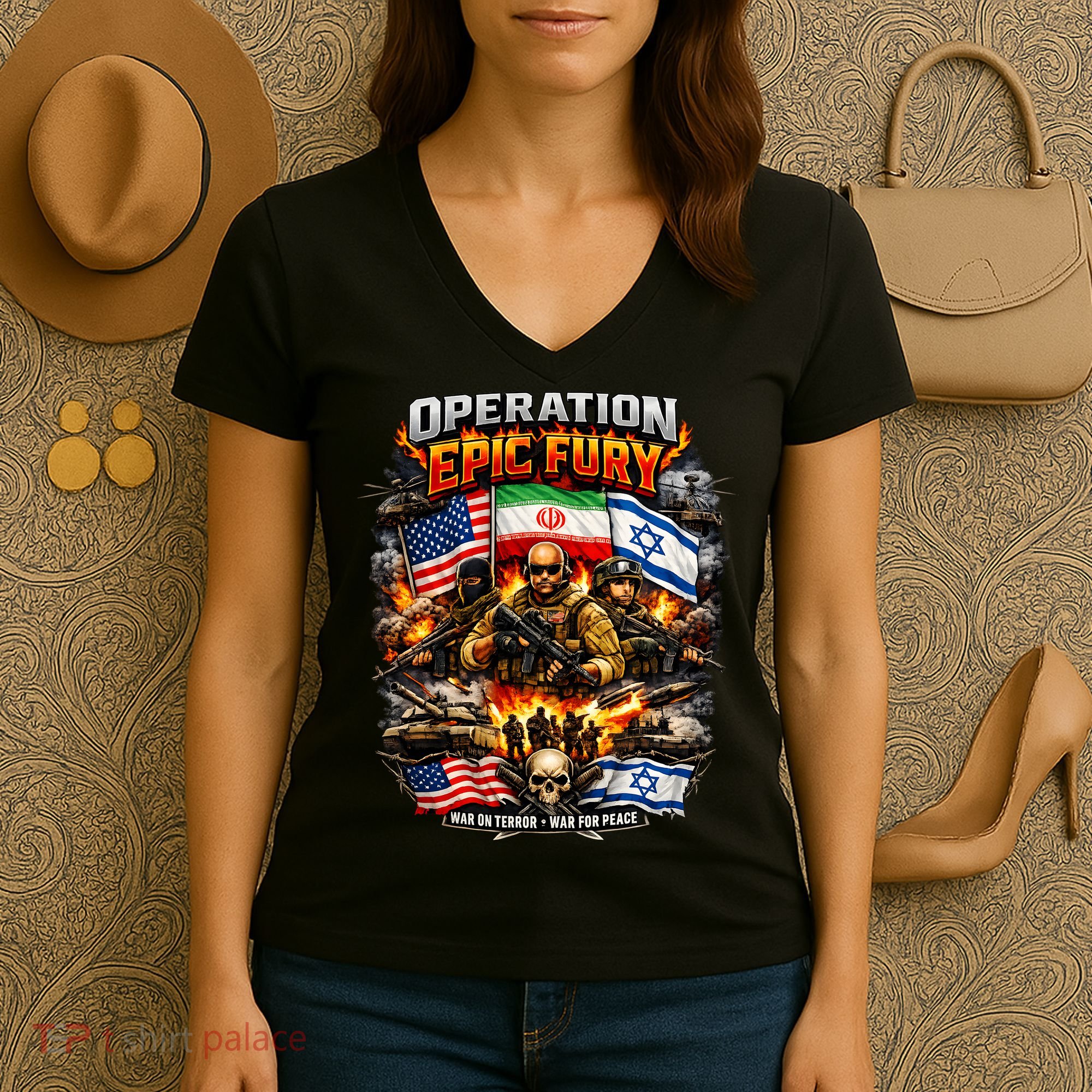Operation Epic Fury America Iran Israel Fight For Peace Women's V-Neck T-Shirt