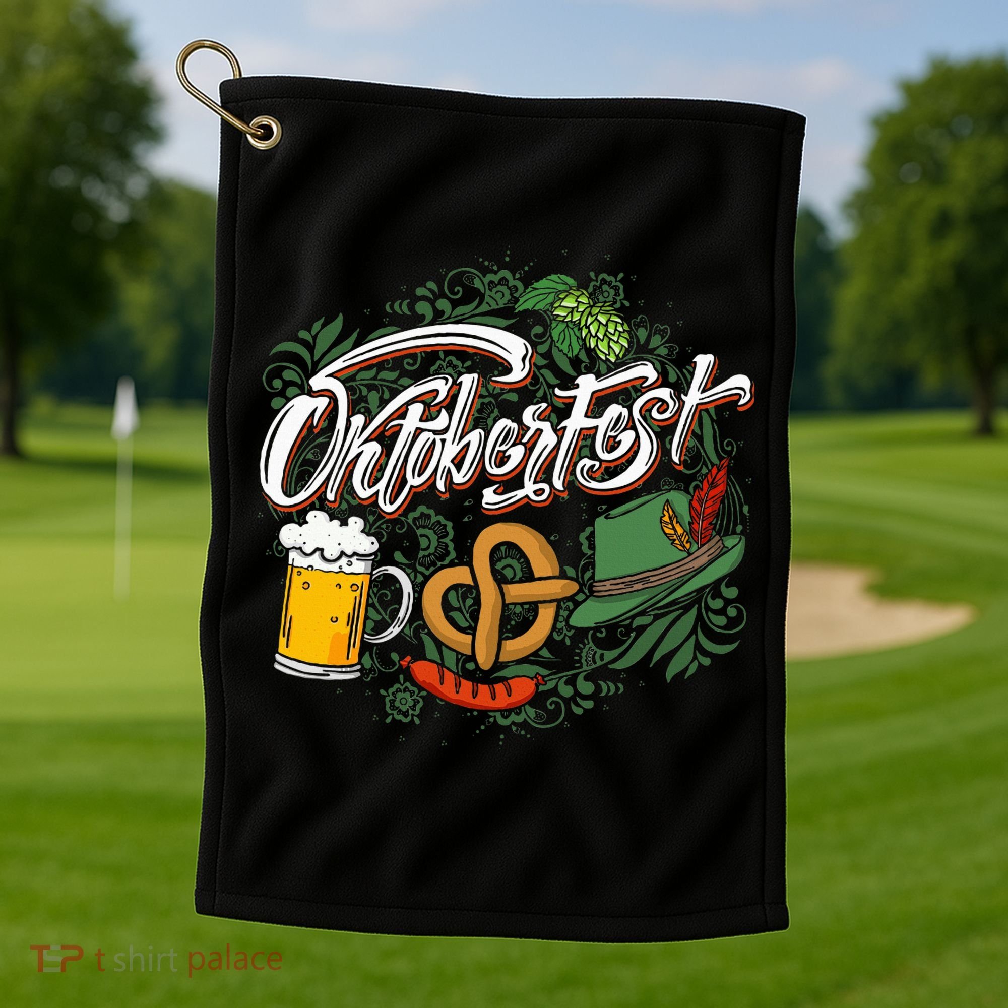 Oktoberfest Funny Beer Hat Pretzel And Edelweiss Golf Towel