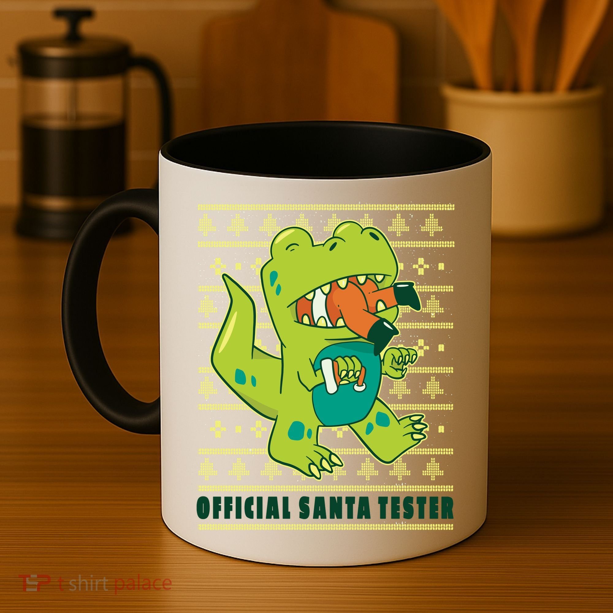 Official Santa Tester Dino Ugly Christmas Coffee Mug