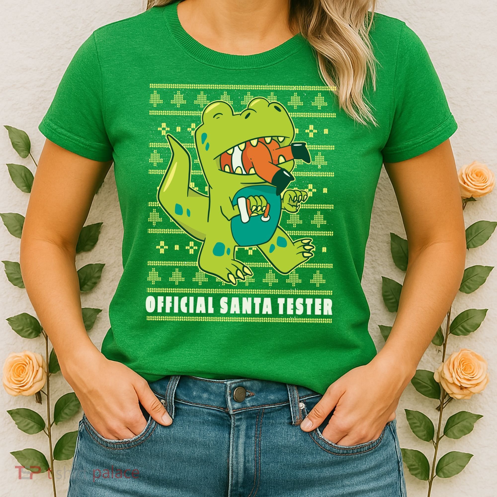 Official Santa Tester Dino Ugly Christmas Women's T-Shirt