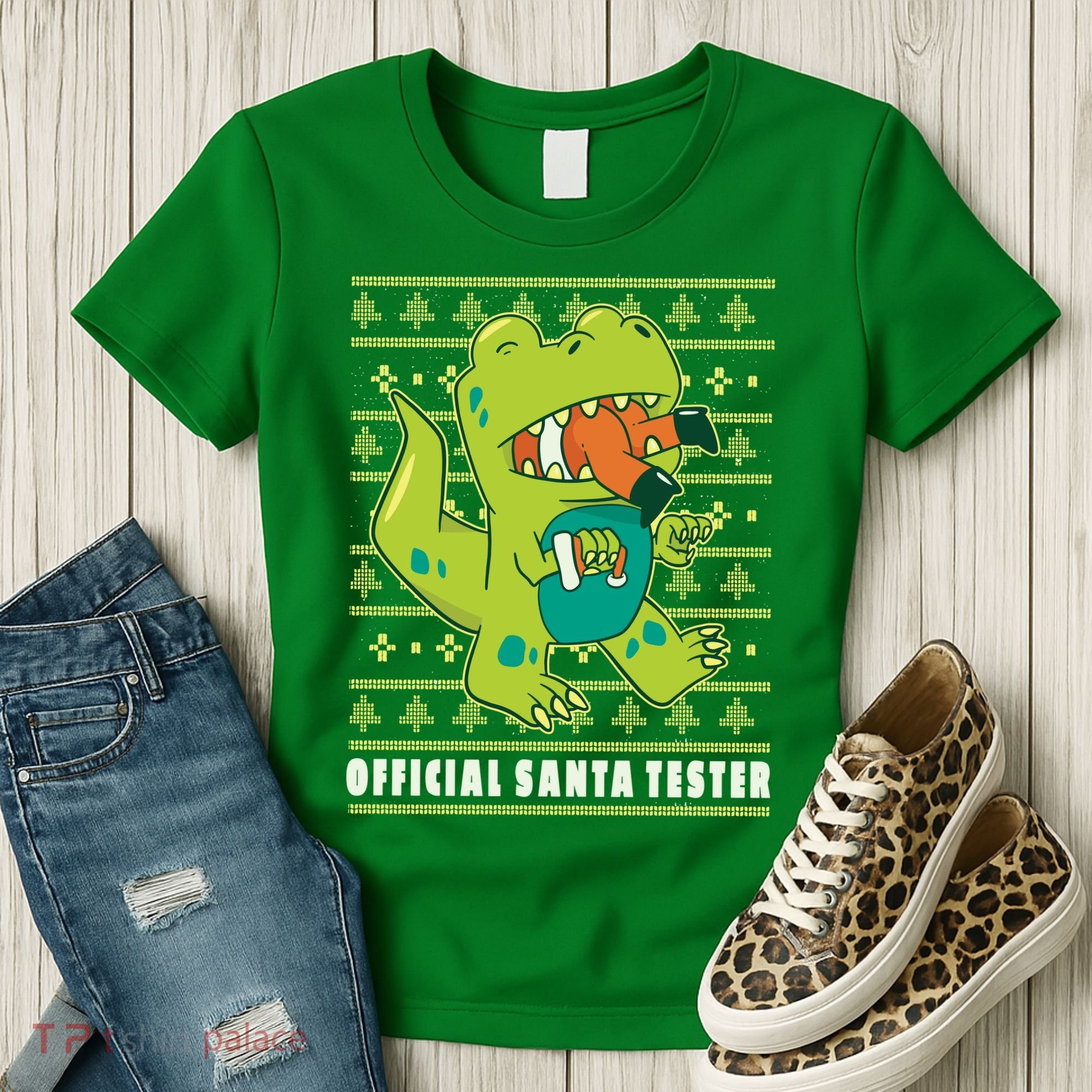Official Santa Tester Dino Ugly Christmas Women's T-Shirt