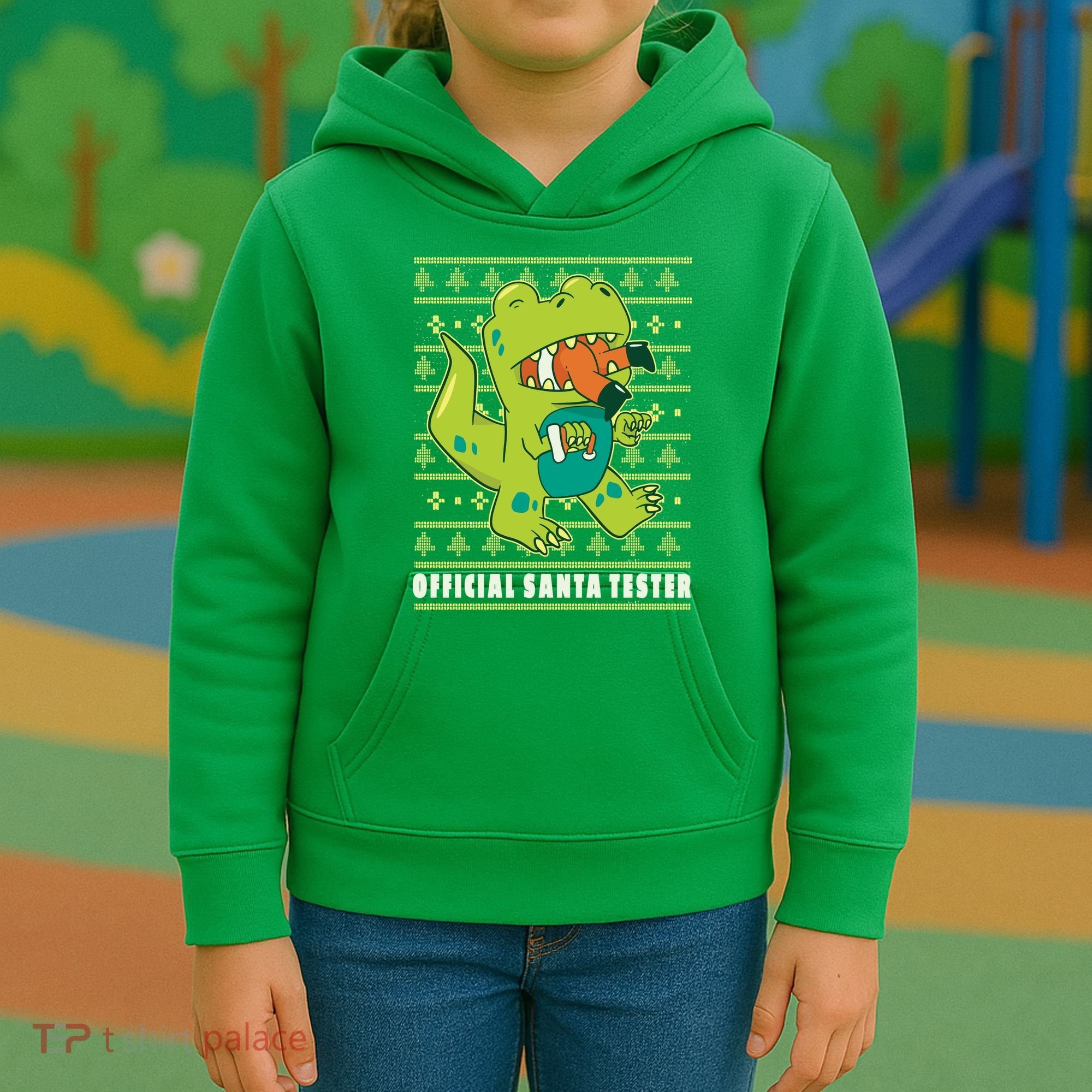 Official Santa Tester Dino Ugly Christmas Kids Hoodie