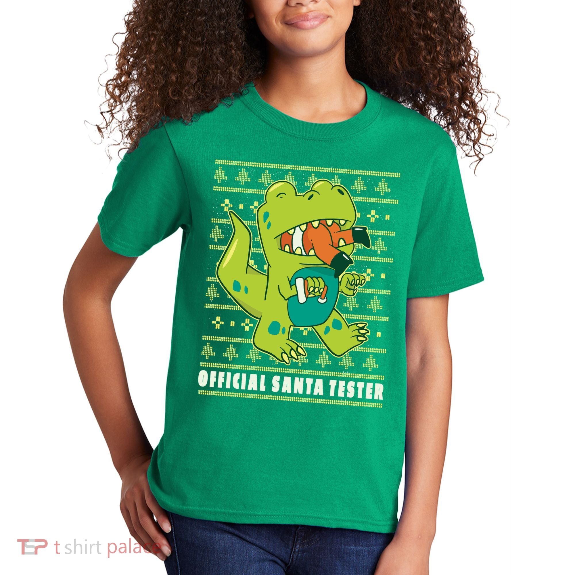 Official Santa Tester Dino Ugly Christmas Kids T-Shirt