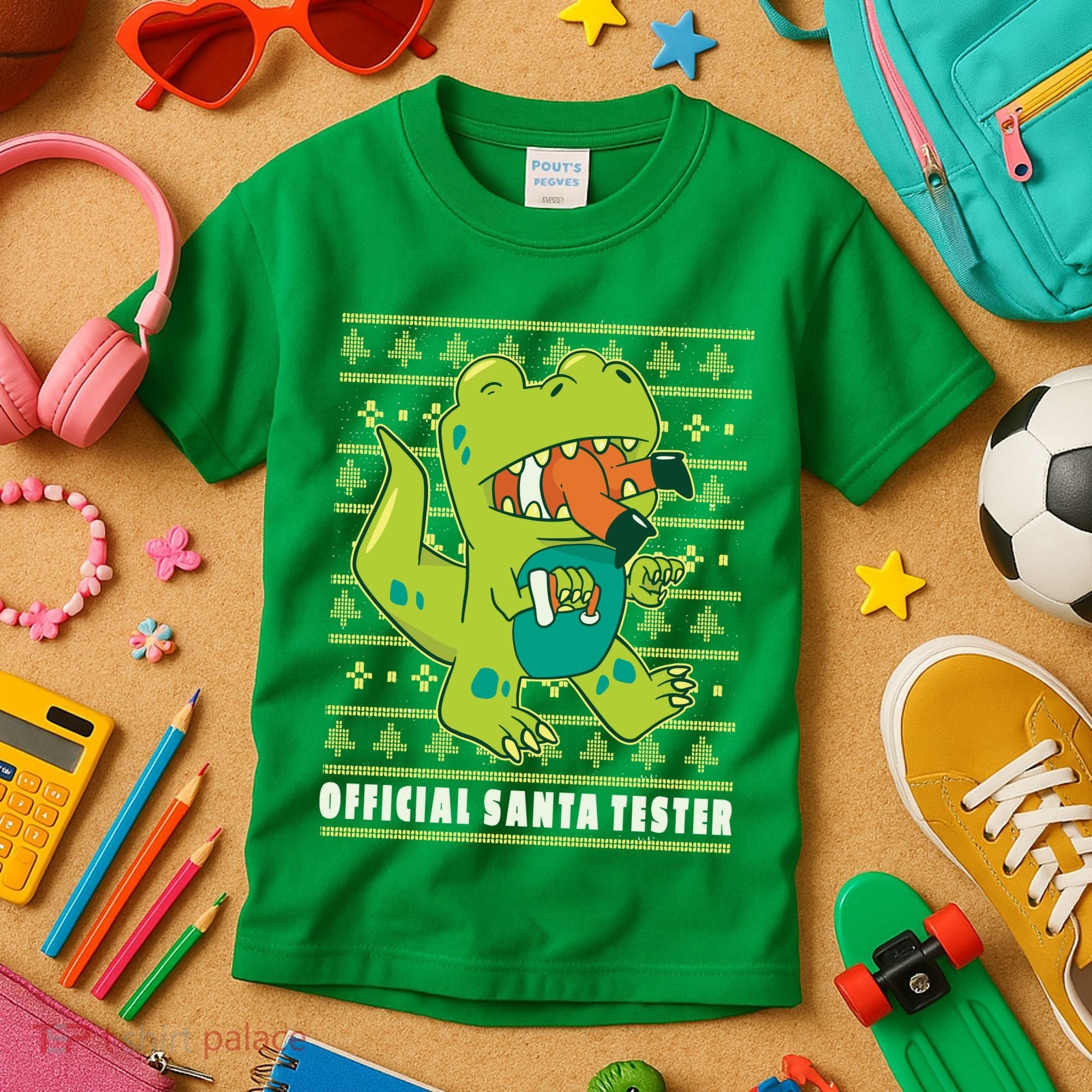 Official Santa Tester Dino Ugly Christmas Kids T-Shirt