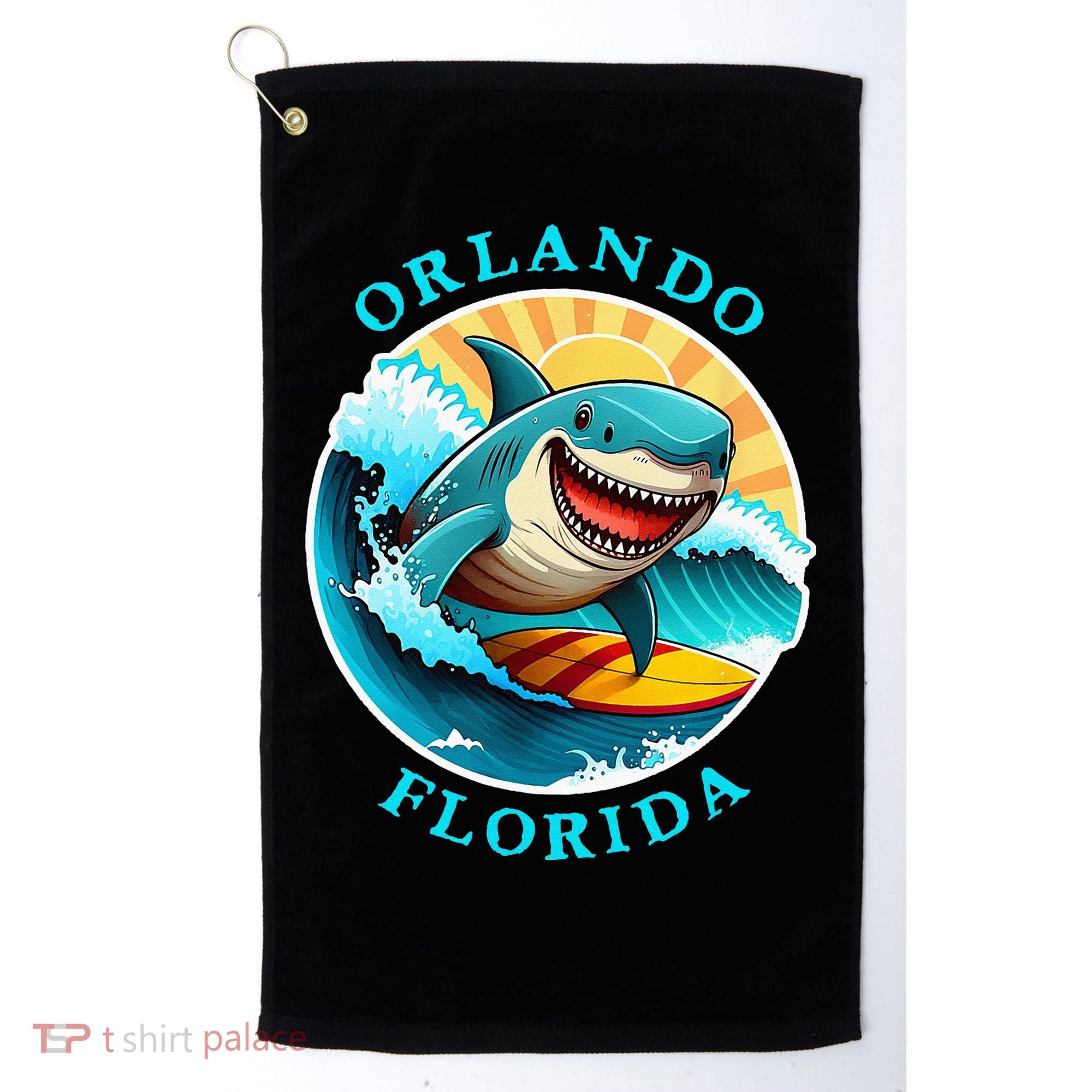 Orlando Florida Happy Surfing Shark Souvenir Golf Towel