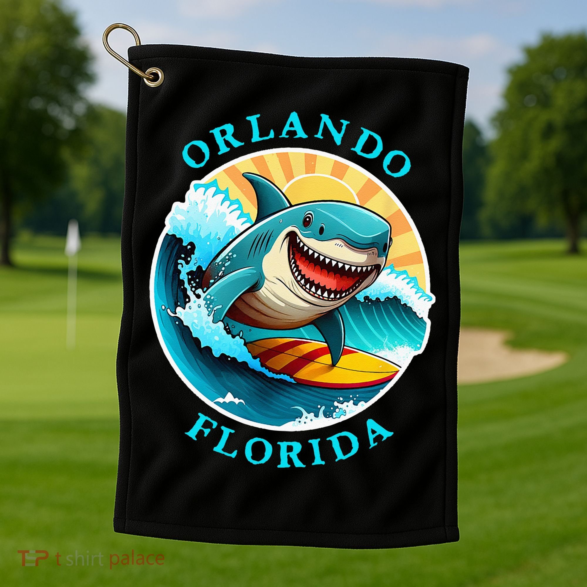 Orlando Florida Happy Surfing Shark Souvenir Golf Towel