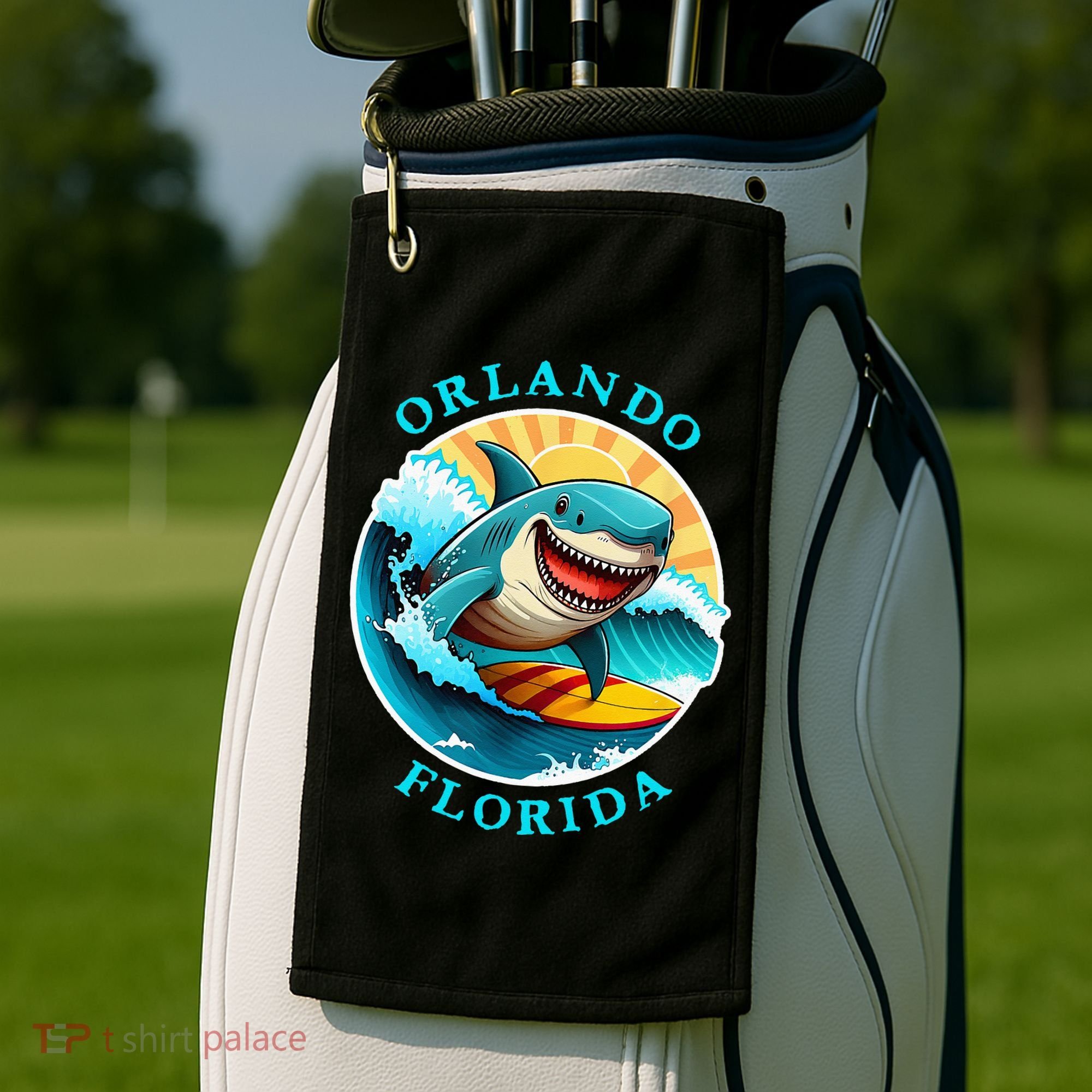 Orlando Florida Happy Surfing Shark Souvenir Golf Towel