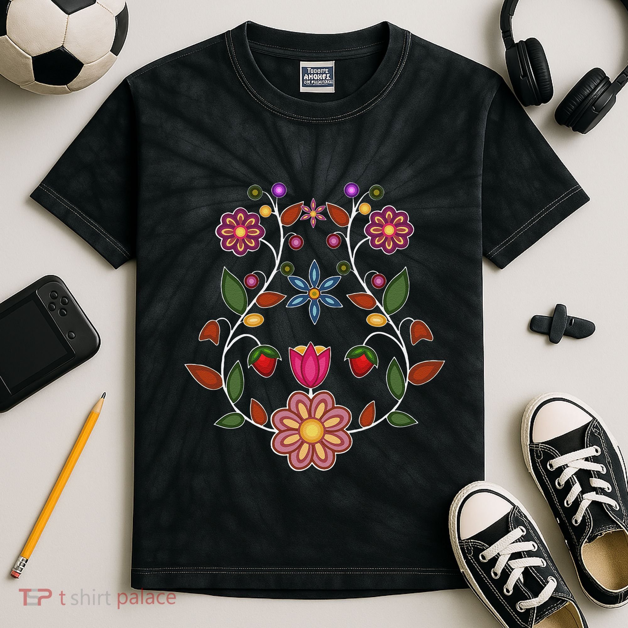 Ojibwe Floral Native Wild Flowers Indigenous Cute Botanical Kids Tie-Dye T-Shirt