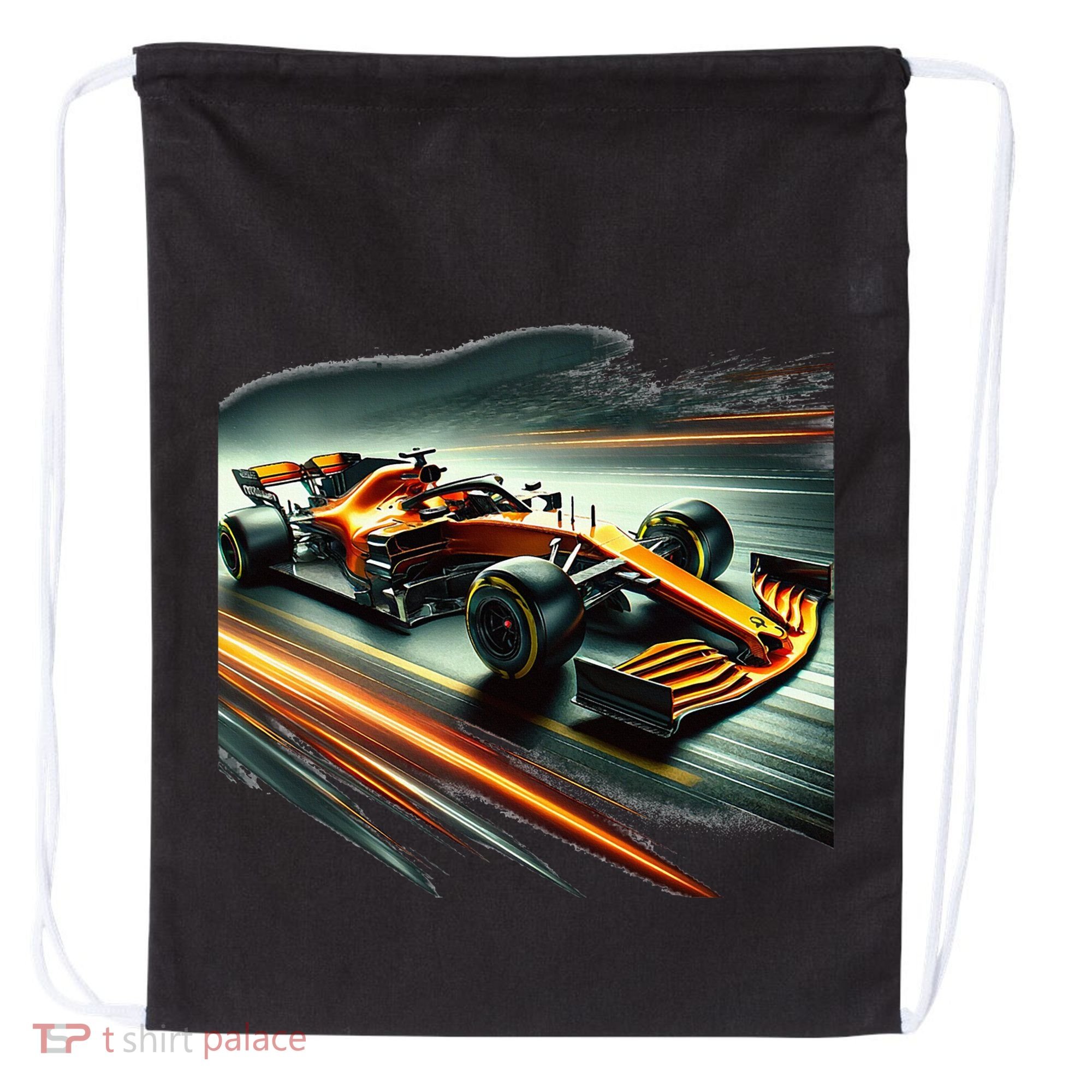 Orange Formula Racing Car Drawstring Bag