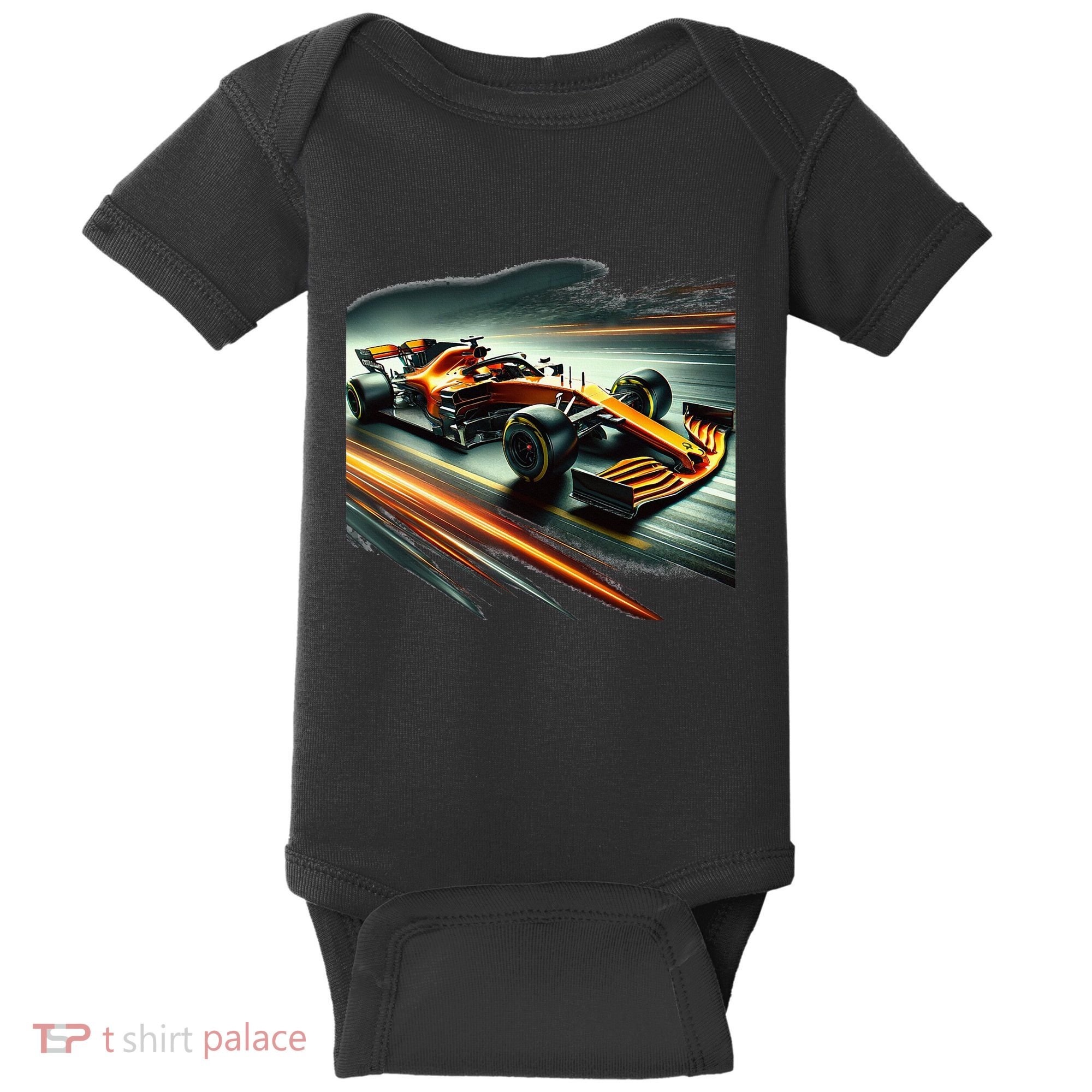 Orange Formula Racing Car Baby Bodysuit