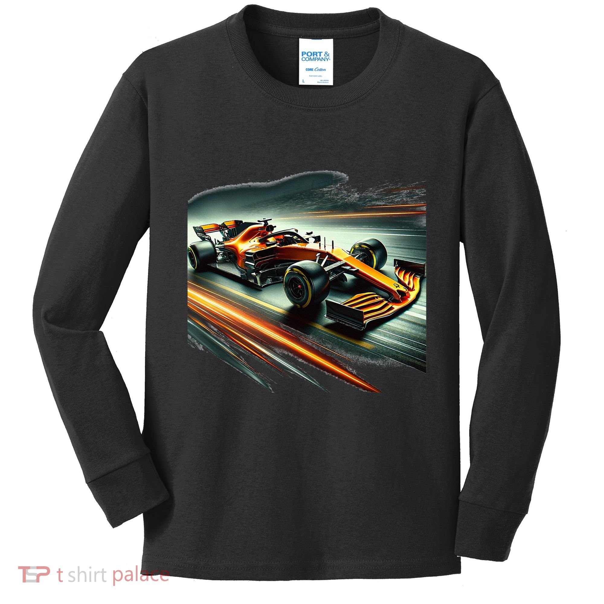 Orange Formula Racing Car Kids Long Sleeve Shirt