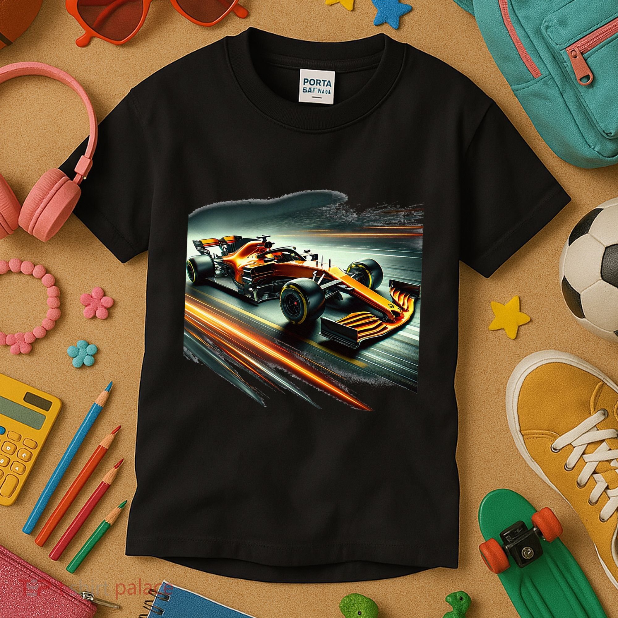 Orange Formula Racing Car Kids T-Shirt