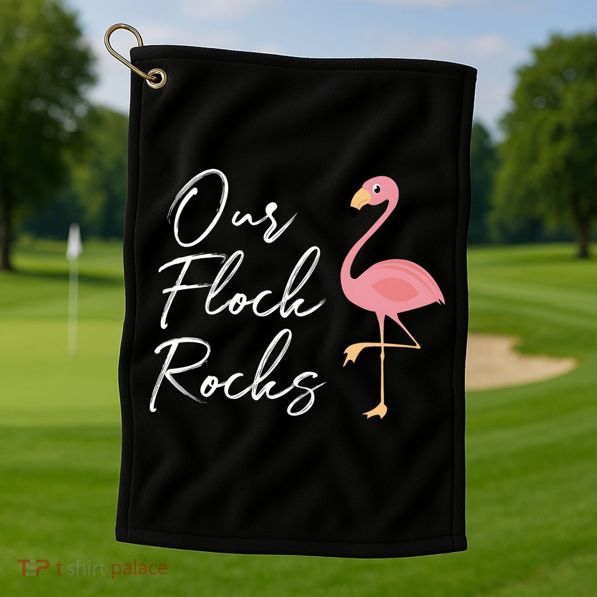 Our Flock Rocks Flamingo Lover Funny Cute Golf Towel