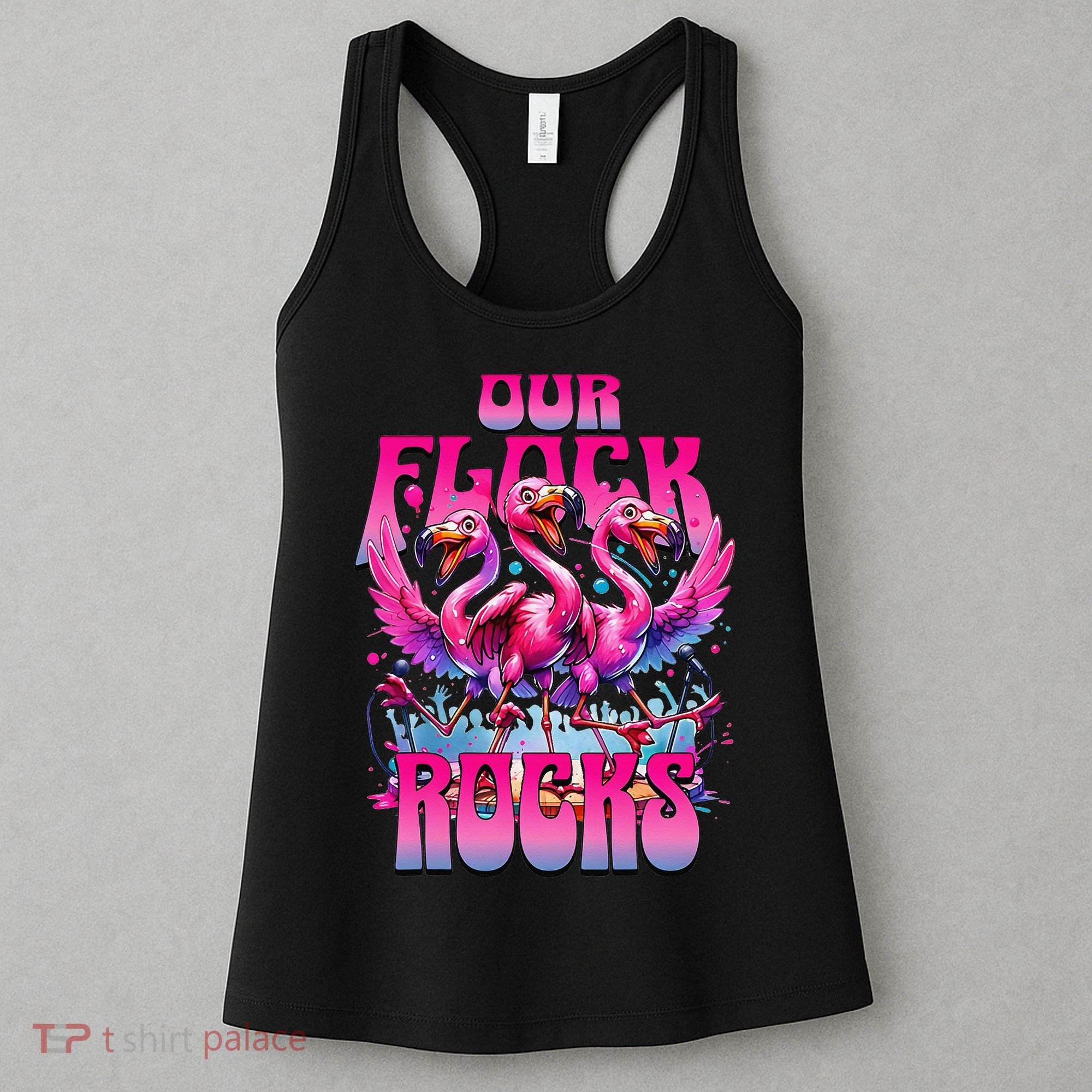 Our Flock Rocks Funny Flamingos Vacation Family Friends Women's Tank Top
