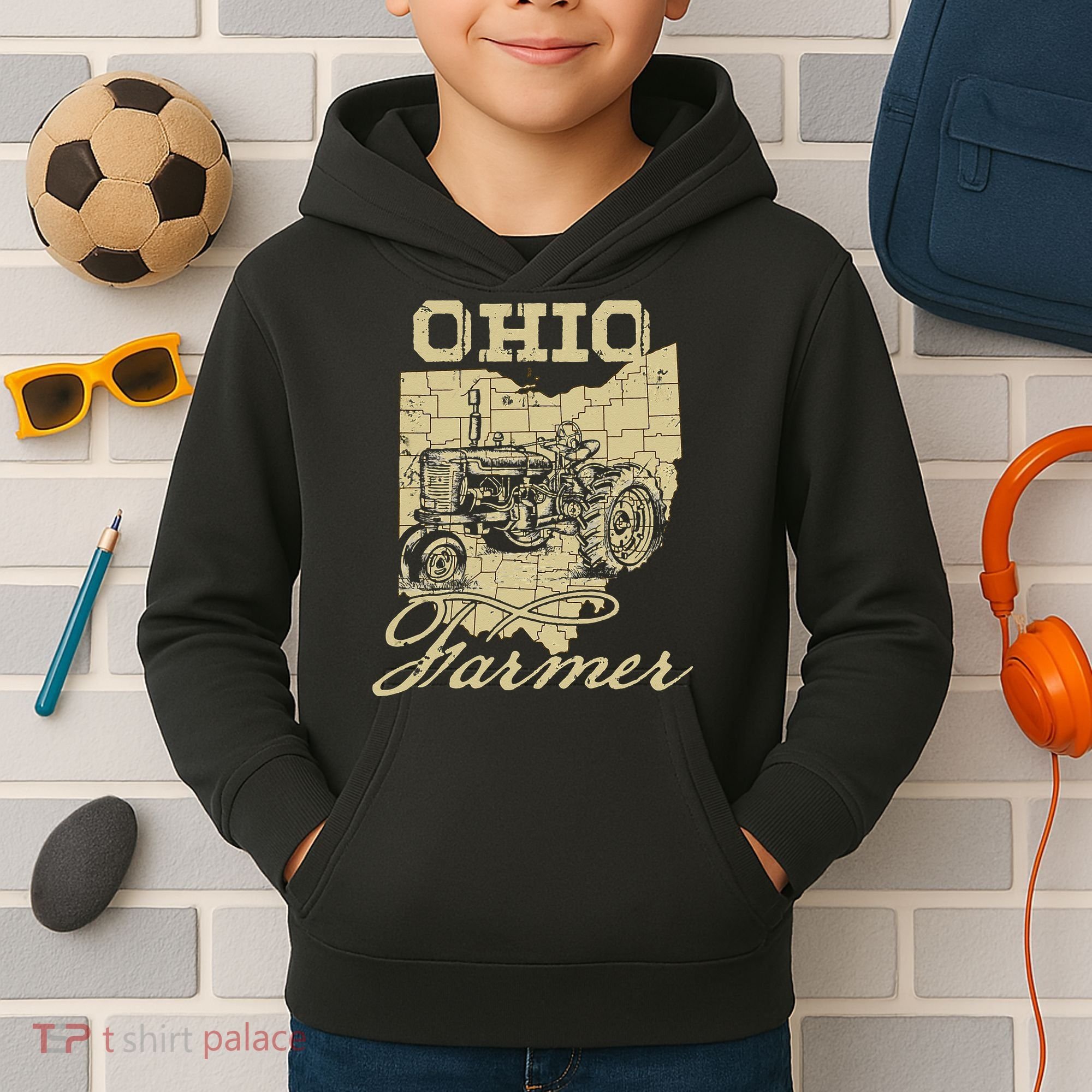 Ohio Farmer Tractor Lover State Map Farming Local Farmer Kids Hoodie