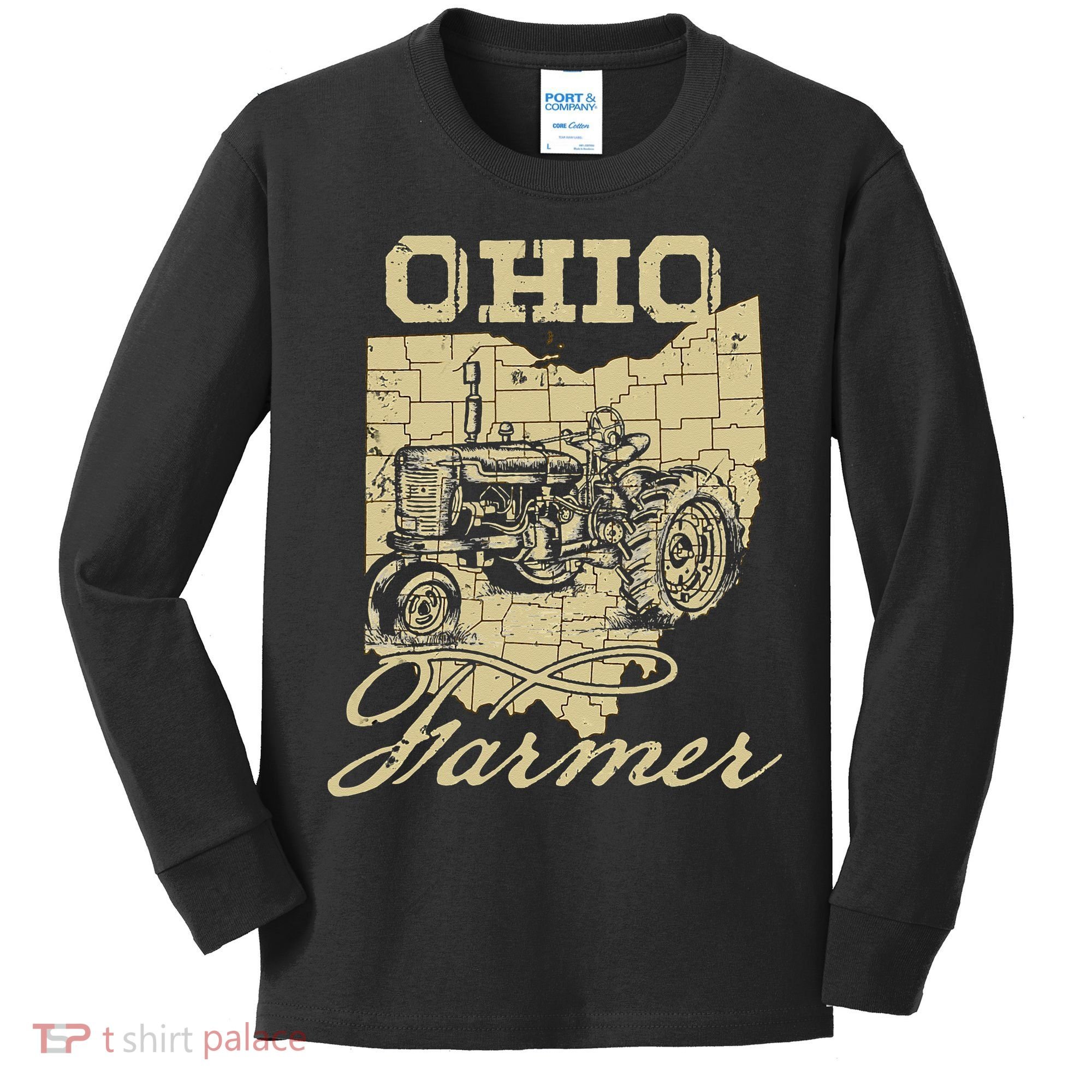 Ohio Farmer Tractor Lover State Map Farming Local Farmer Kids Long Sleeve Shirt