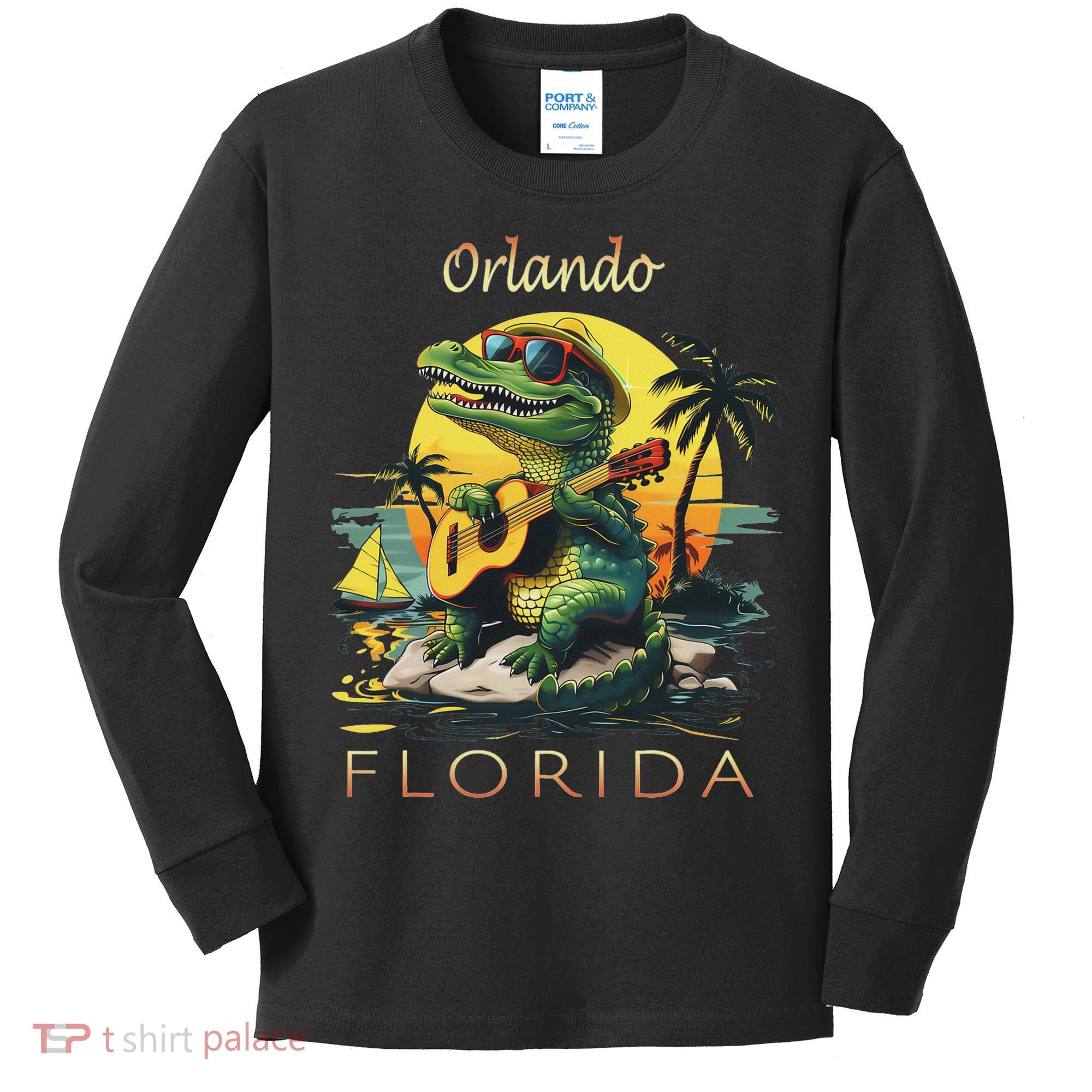 Orlando Florida Vacation Cute Alligator Sunset Souvenir Kids Long Sleeve Shirt