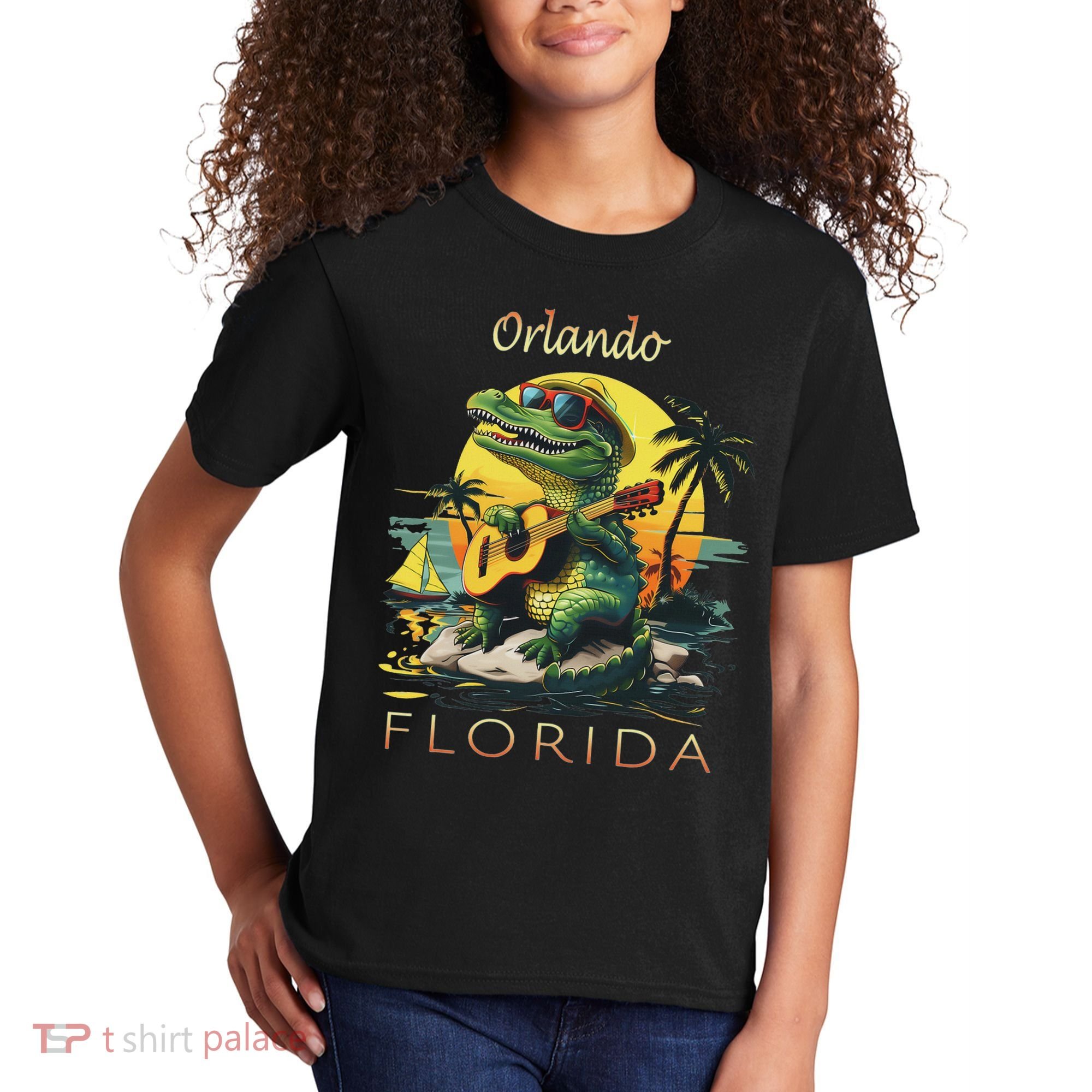 Orlando Florida Vacation Cute Alligator Sunset Souvenir Kids T-Shirt