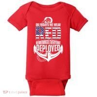 On Fridays We Wear Red Remember Everyone Deployed Baby Bodysuit thumb 0